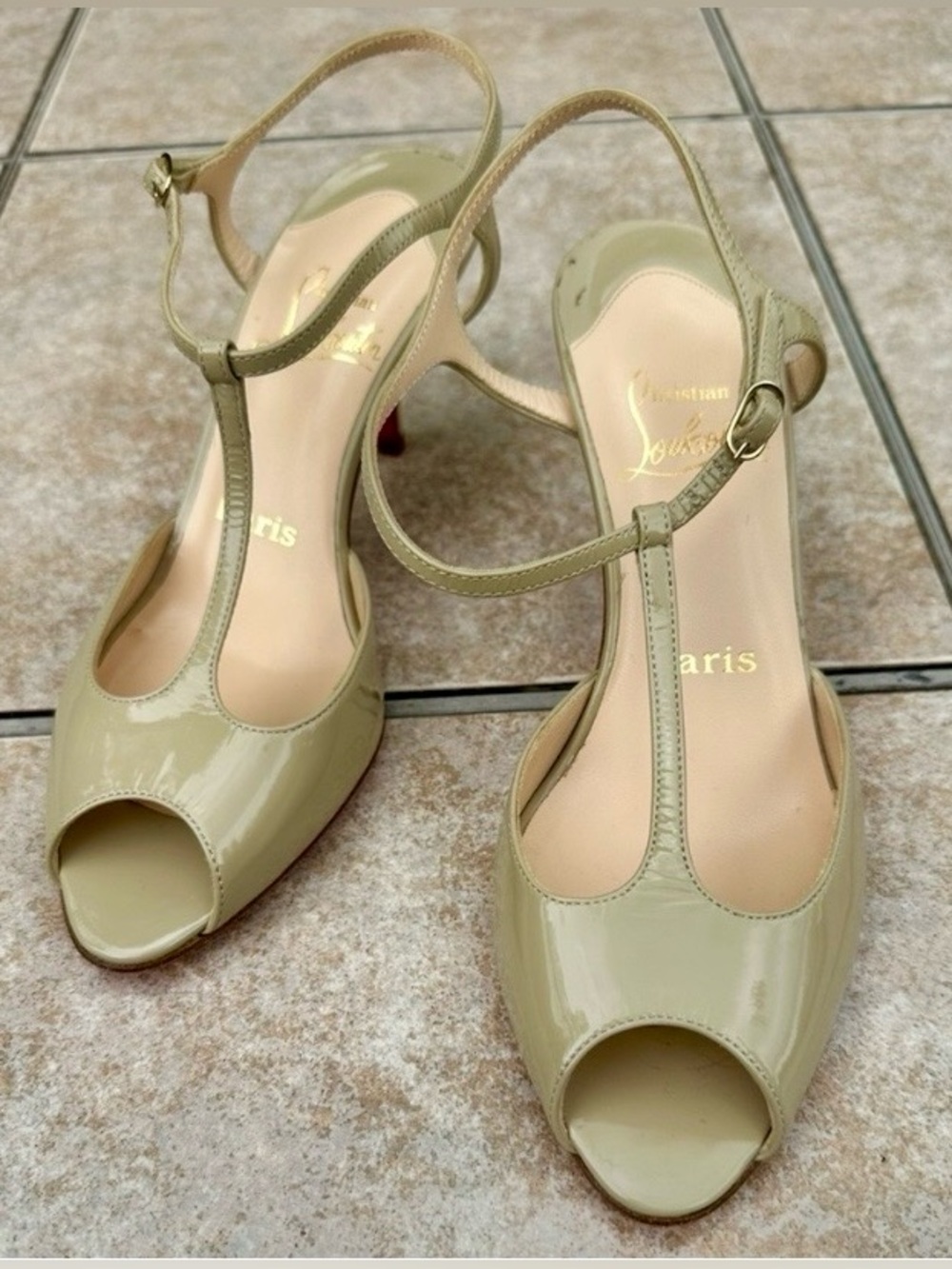 Christian Louboutin tan  T-Strap Peep-Toe Slingback Heels - Picture 9 of 15